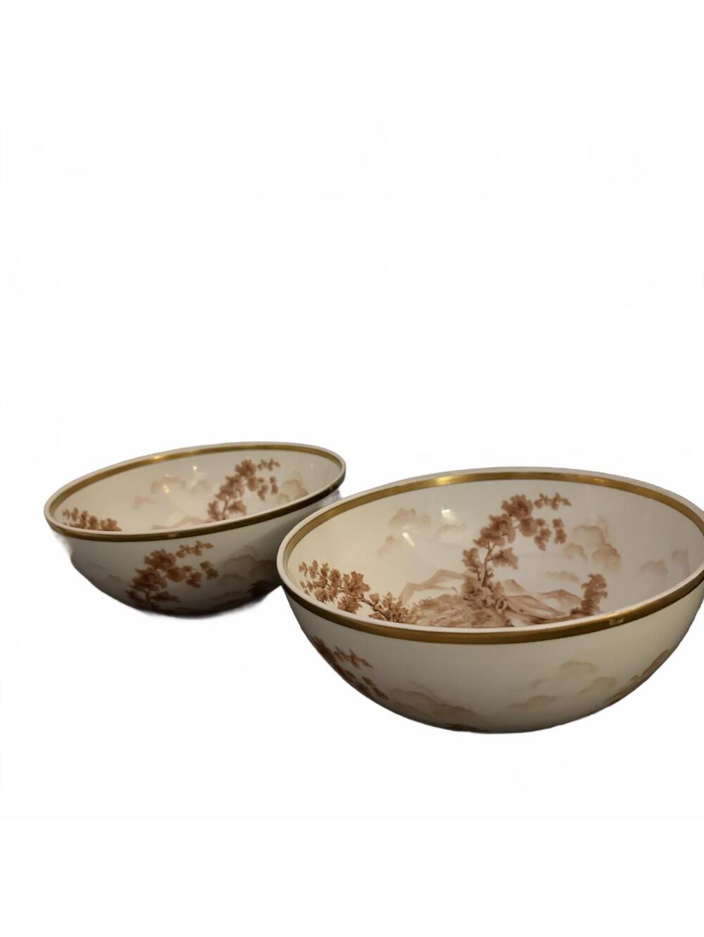 Set of 2 Decorative Porcelain Bowls with Sepia Landscape Design and Gold Rim